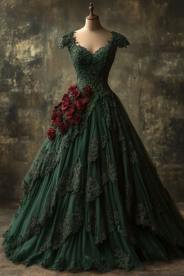 Ball Gown Short Sleeves Dark Green Lace Long Party Dress Satin Prom Dresses SD2704 HZ0628